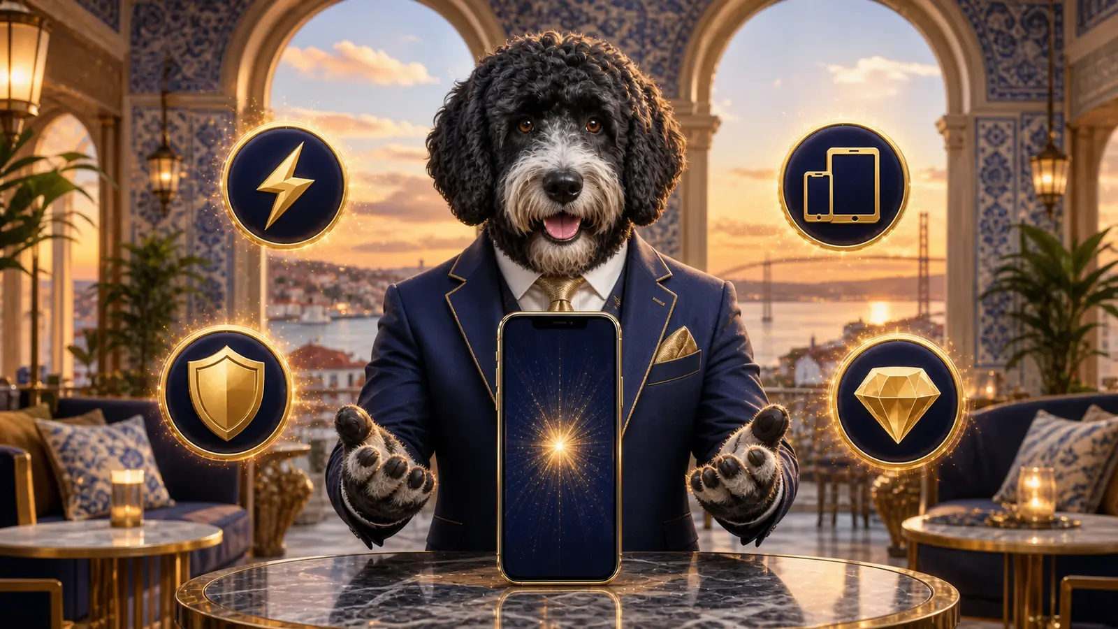 Funcionalidades e vantagens da aplicação Bizzo Casino com mascote cão de água português