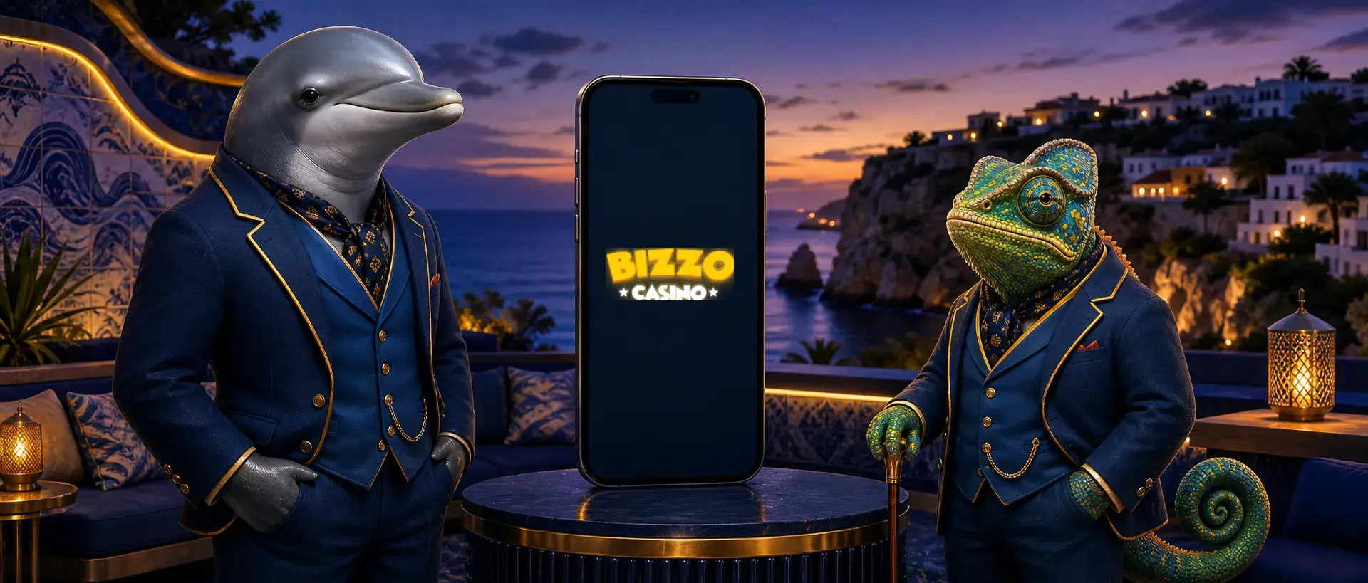 Smartphone com o logótipo do Bizzo Casino entre duas mascotes animais