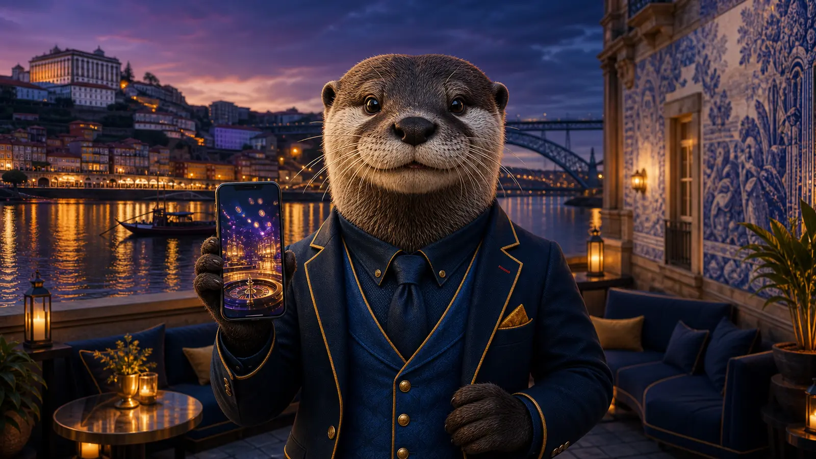 Aplicação Bizzo Casino com mascote lontra junto ao rio Douro