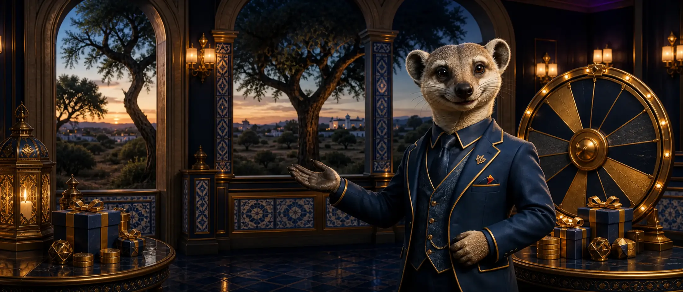 Bónus e promoções com mascote mangusto num salão alentejano