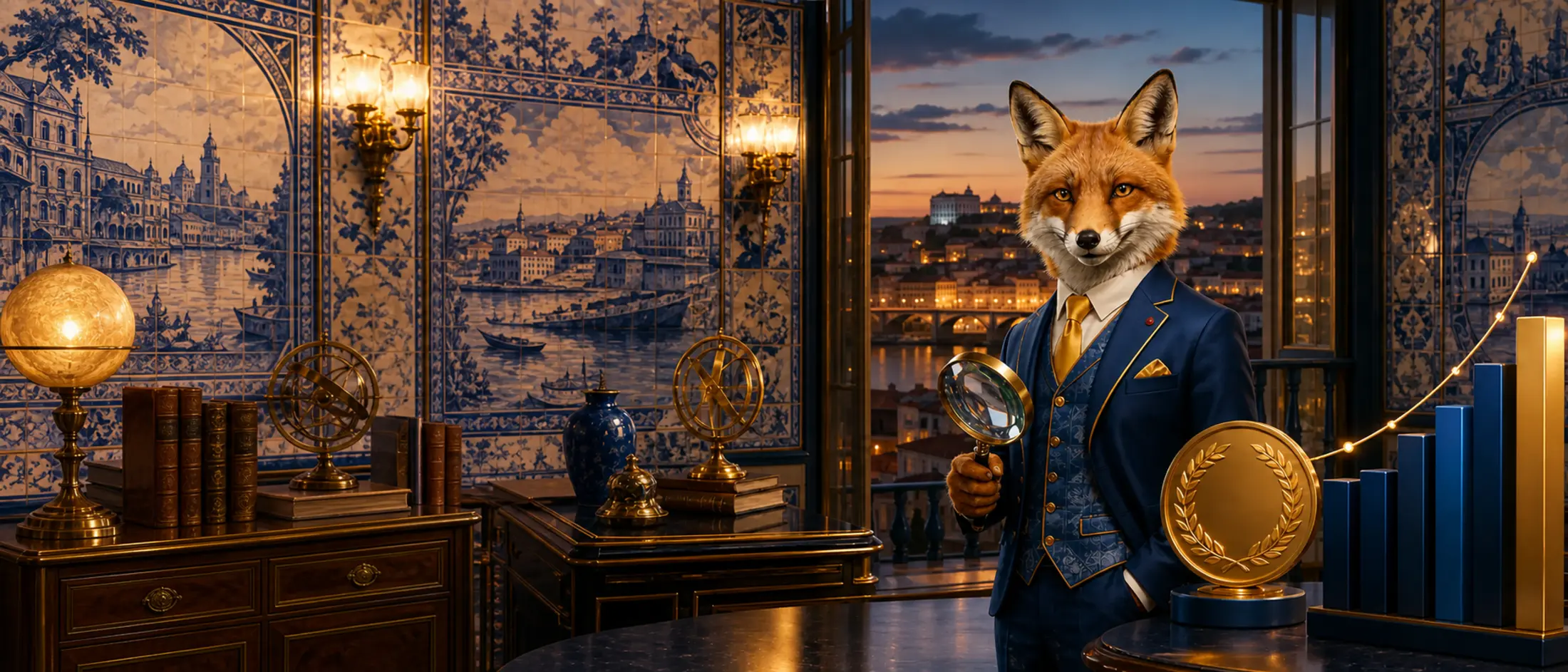 Avaliação editorial com mascote raposa num gabinete inspirado no Porto