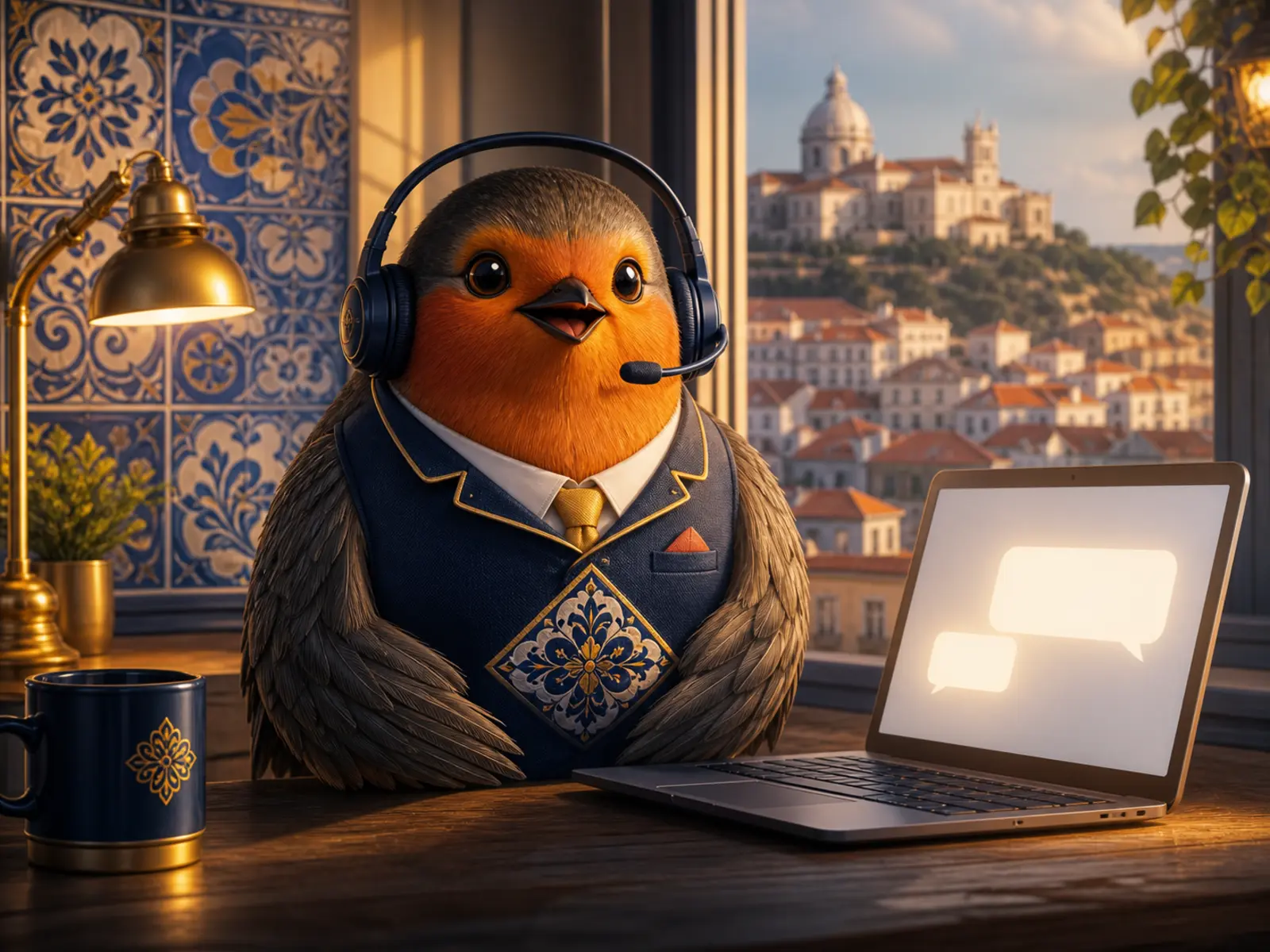 Apoio ao cliente com mascote pisco-de-peito-ruivo em Lisboa