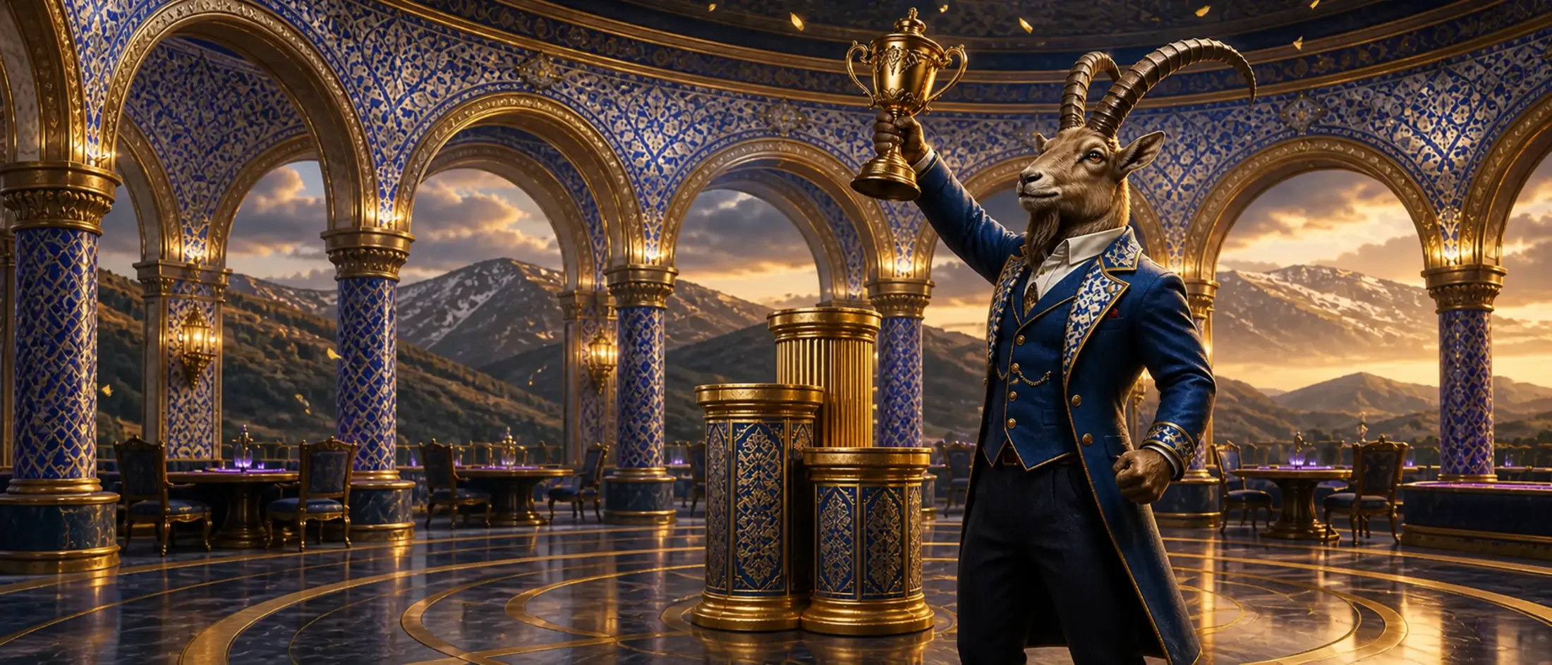 Torneios do Bizzo Casino com mascote íbex e troféu
