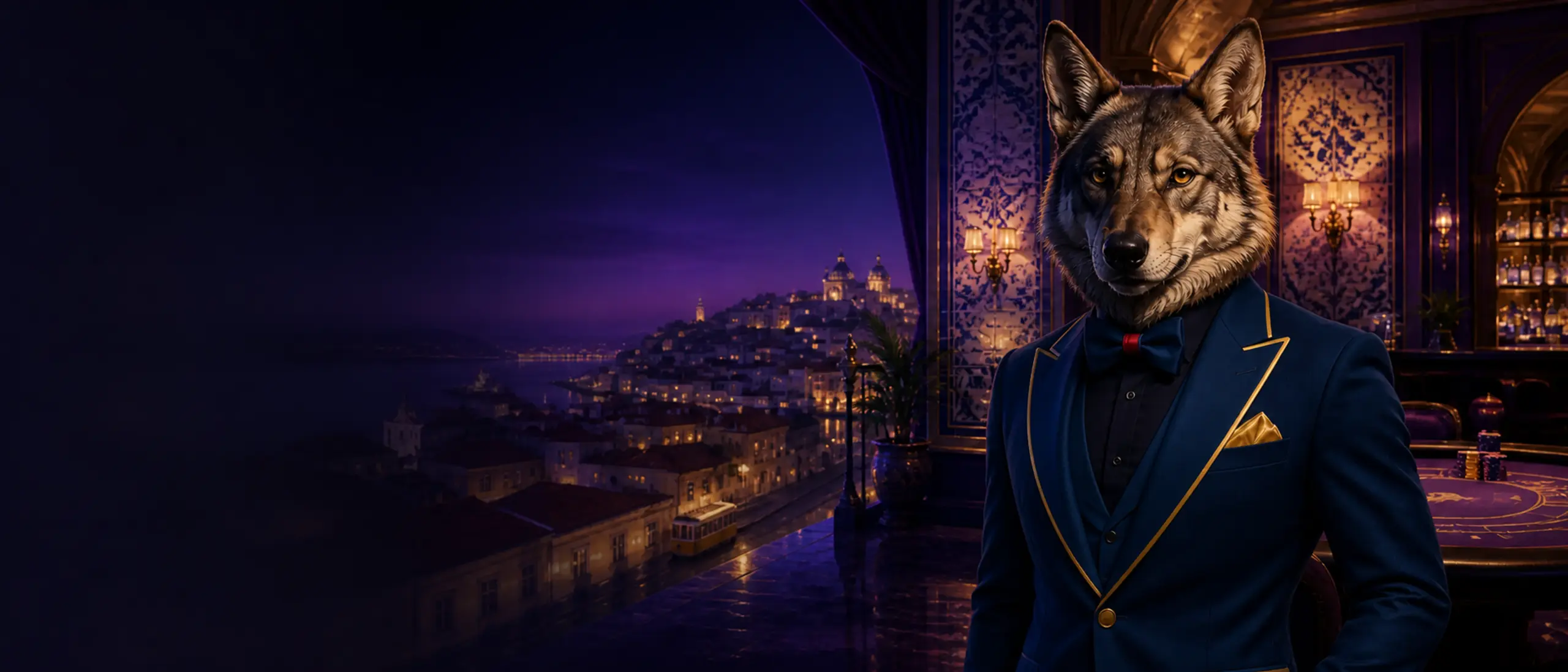 Bizzo Casino Portugal com mascote lobo-ibérico num salão inspirado em Lisboa