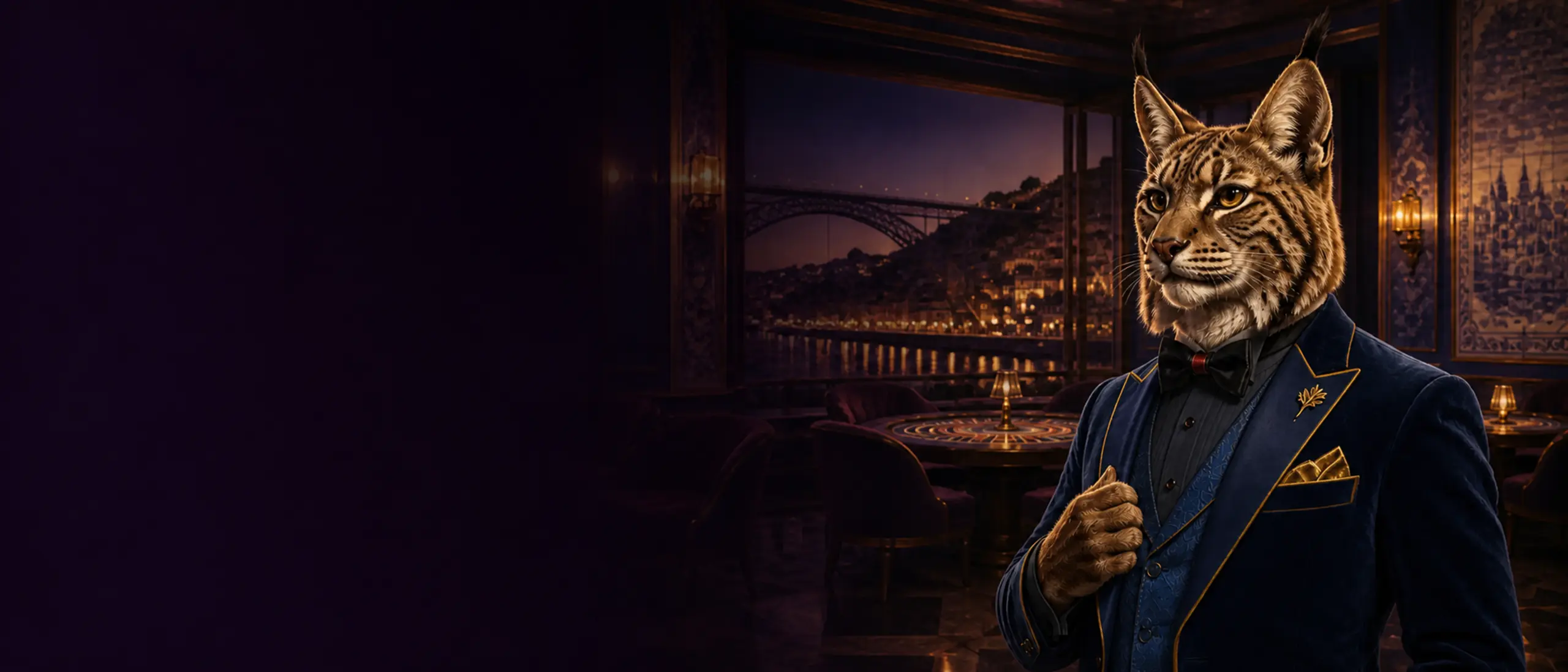 Bónus do Bizzo Casino Portugal com mascote lince-ibérico num salão inspirado no Porto