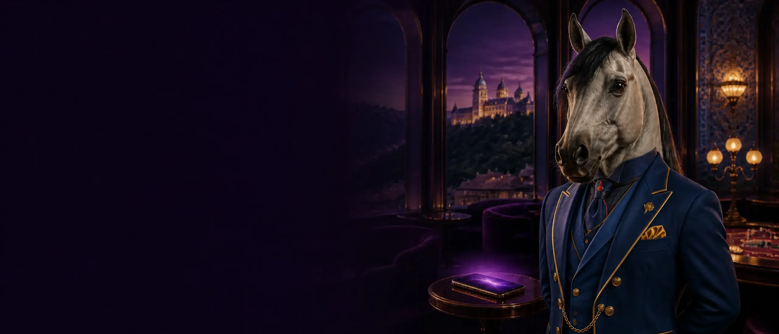 Aplicação Bizzo Casino Portugal com mascote cavalo lusitano num salão inspirado em Sintra